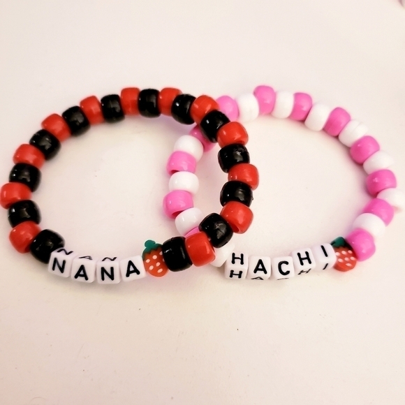 Handmade Strawberry Nana Osaki and Hachi Anime Word Beaded Kandi Bracelet Set - Picture 2 of 5